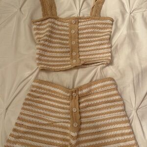 Aqua Tan and Cream Crochet Buttoned Top